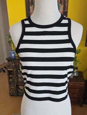 Black & White Cropped Striped Ribbed Tank Top